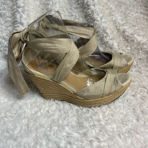 Ugg textile & leather khaki &beige espadrilles platform wedge sandals SZ12
